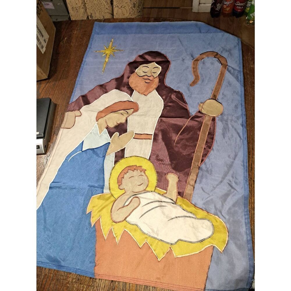 Vintage Large Christmas Nativity Scene House Flag Baby Jesus